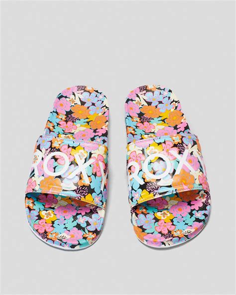 Shop Roxy Girls Slippy Printed Slide Sandals In Black Multi Fast