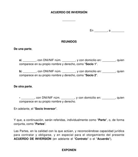 Acuerdo De Inversi N Modelo Formato Word Y Pdf