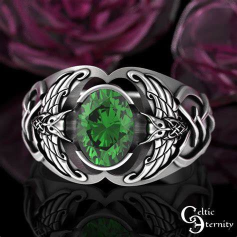 Emerald Mens Viking Wedding Band Sterling Owl Wedding Ring Emerald