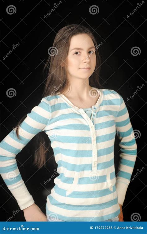 Brunette Teen In Blue Striped Blouse Stock Image Image Of Cute Dark 179272253