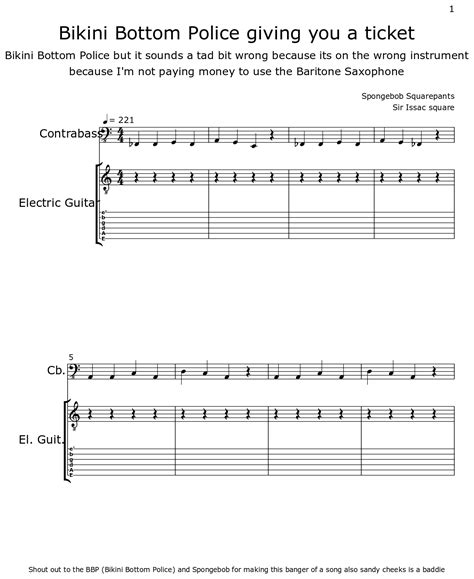 Bikini Bottom Police Giving You A Ticket Sheet Music For Contrabass