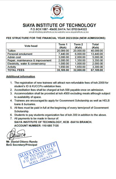 New Fee Structure New Admissions Siaya Institute Of Technology