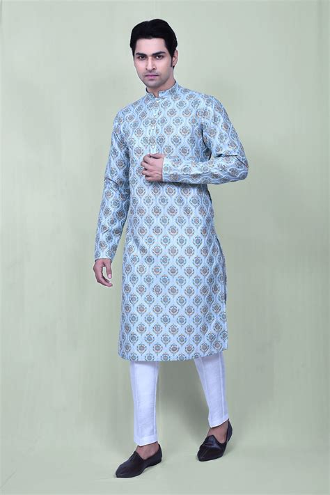 Buy Blue Art Silk Embroidered Mughal Floral Kurta And Pant Set For Men By Aryavir Malhotra