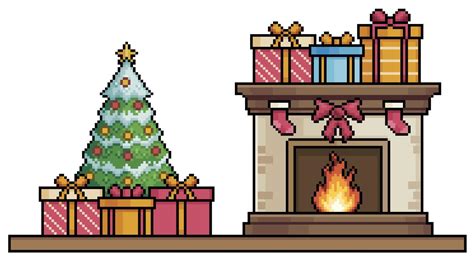 Pixel Art Fireplace And Christmas Tree With Gifts Over Base Background