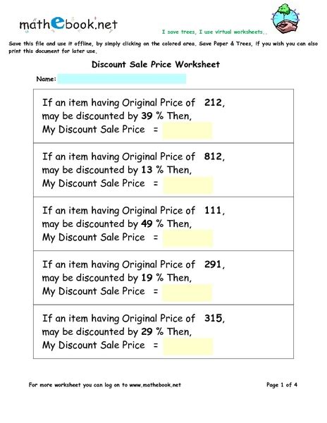 Discounting Prices Finding The Sale Price Using Percentages Worksheet