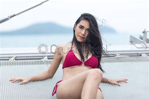 Sexy Women In Red Bikini On Yacht Boat Stock Photo Crushpixel