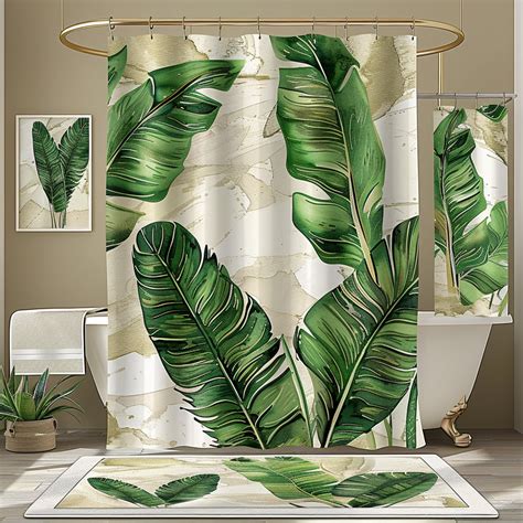 Tropical Rainforest Banana Leaves Shower Curtain Set With Watercolor