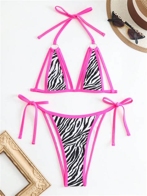 Zebra Stripe Contrast Binding Halter Triangle Bikini Swimsuit Shein Usa