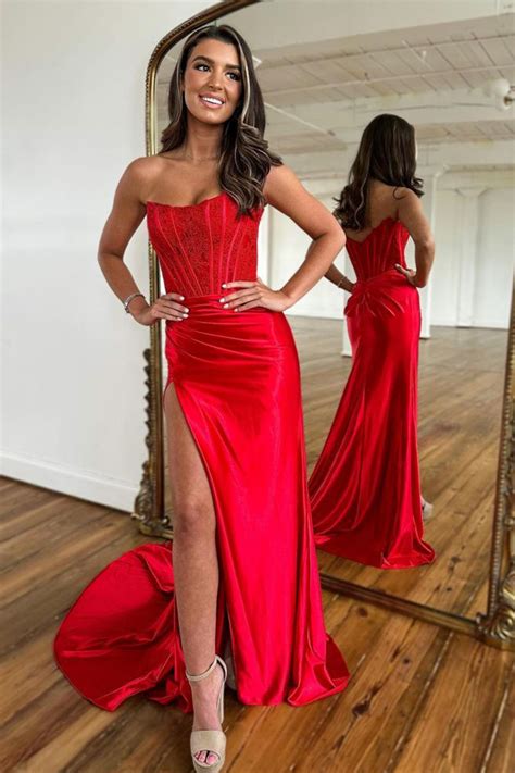 Arielle Red Sheath Strapless Corset Satin Prom Dress With Slit And