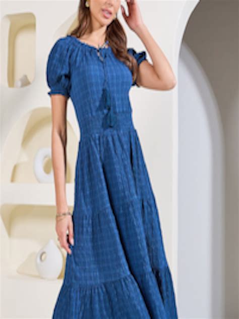 Buy Styli Blue Tie Up Neck Puff Sleeve Smocked Tiered A Line Midi Dress