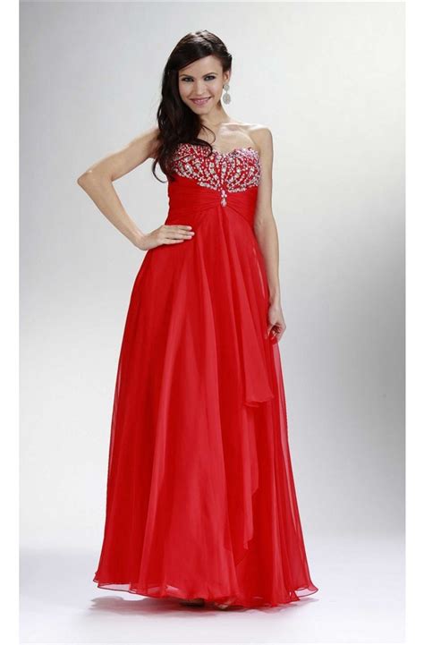 Sheath Strapless Sweetheart Long Red Chiffon Beaded Prom Dress