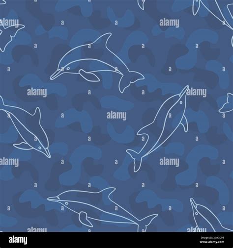 Dolphin Seamless Pattern In Doodle And Line Style On Blue Military