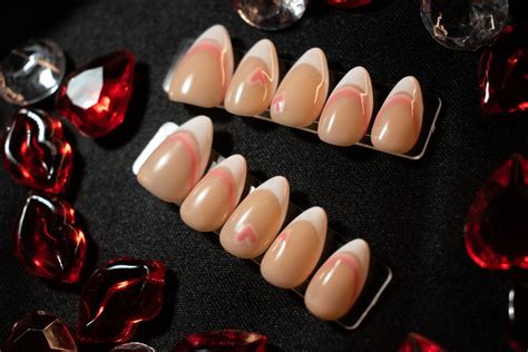 Nude Nails With White French Tip Heart And Stripes Press Etsy