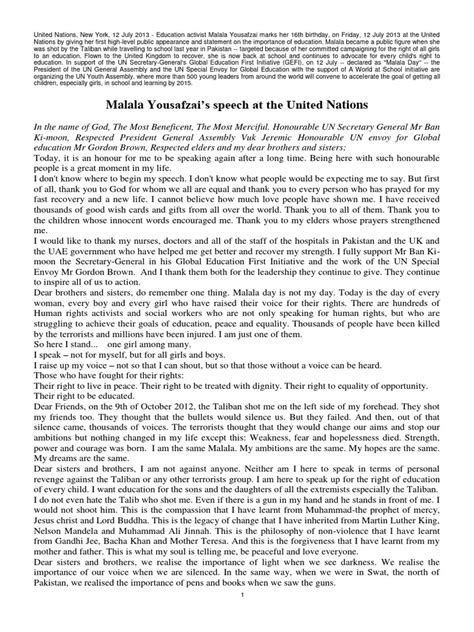 Malala Yousafzai's Speech at The United Nations | PDF | Malala Yousafzai