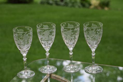 Vintage Etched Optic Wine Glasses Set Of 4 Floral Etched Wine Glasses