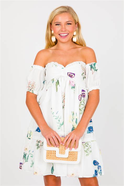 Off Shoulder Floral Dress White SALE The Blue Door Boutique