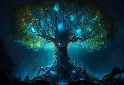 Tree Of Life With Glowing Highlights And Reflections Against The Night