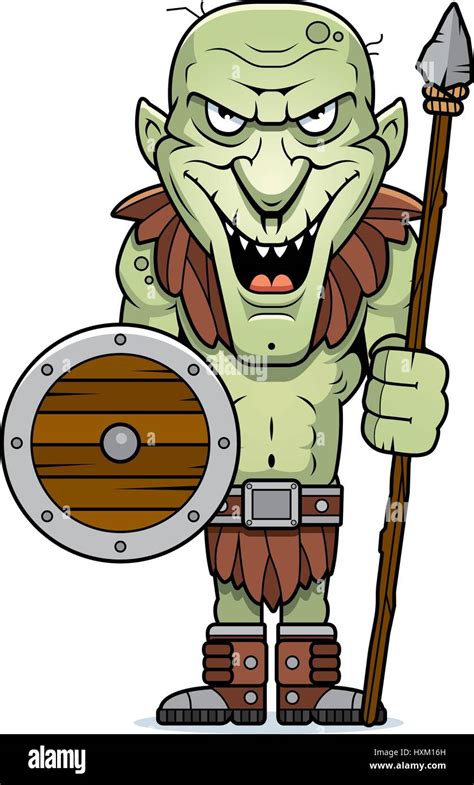 A Cartoon Illustration Of An Evil Looking Goblin With A Spear Stock