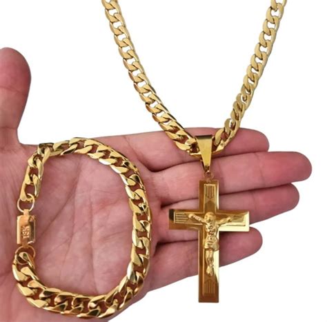 Corrente Pulseira E Pingente Crucifixo Cruz Banhado A Ouro Elo