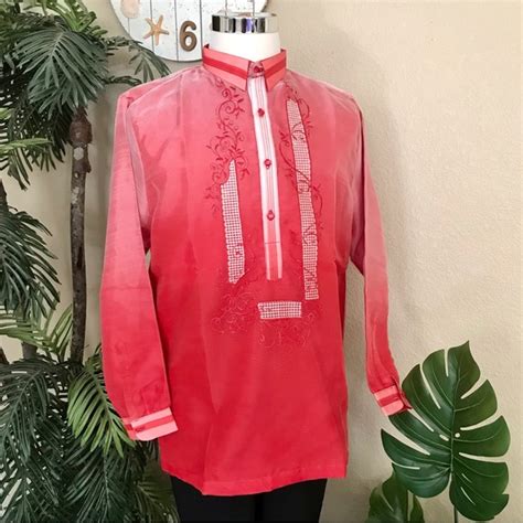 Shirts Red Monochromatic Organza Barong Tagalog With Classic