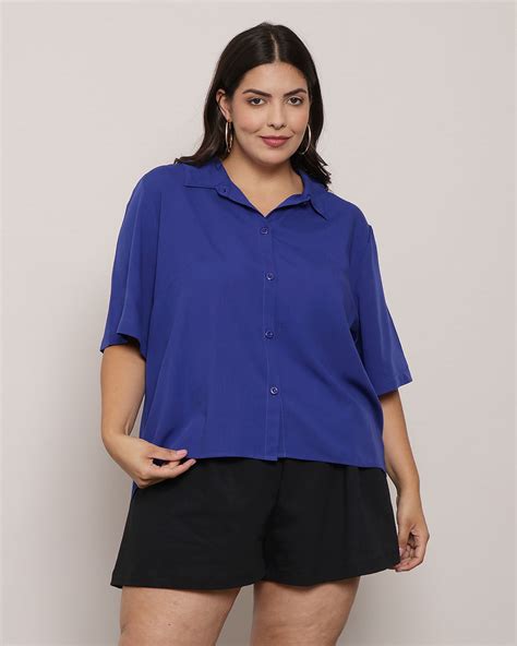 Camisa Plus Size Feminina Mullet Viscose Azul Lojas Torra