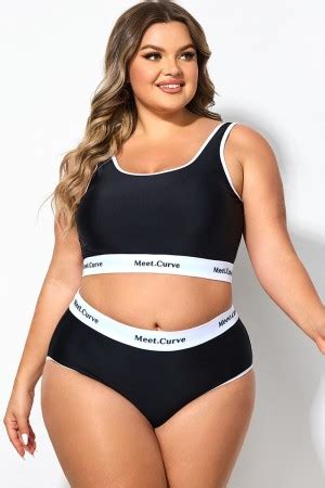 Plus Size Round Neck Black Patchwork Bikini Top Meet Curve Meet Curve
