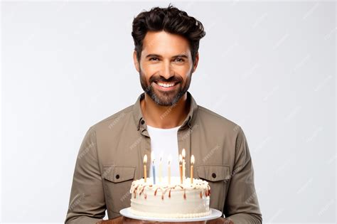 Premium AI Image | Happy beautiful man holding birthday cake with candles isolated on clean ...