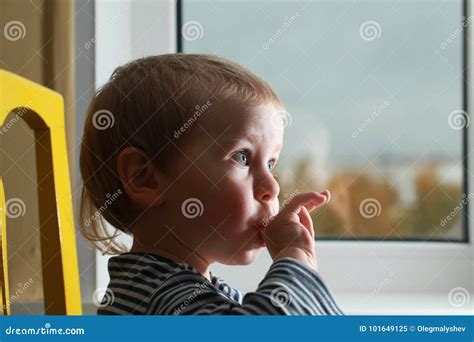 Funny Babe Blondes Licks Finger With Yogurt Stock Image Image Of Baby Small