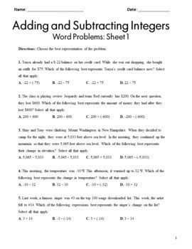 Adding And Subtracting Integers Word Problems Multiple Choice Tpt