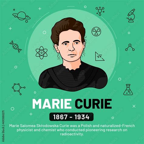 Vector Illustration Of Famous Personalities Marie Curie With Bio Stock