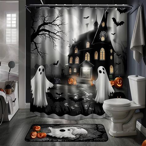 Spooky Halloween Ghosts And Bats Shower Curtain For Haunted Mansion