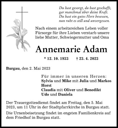 Traueranzeigen Von Annemarie Adam Augsburger Allgemeine Zeitung