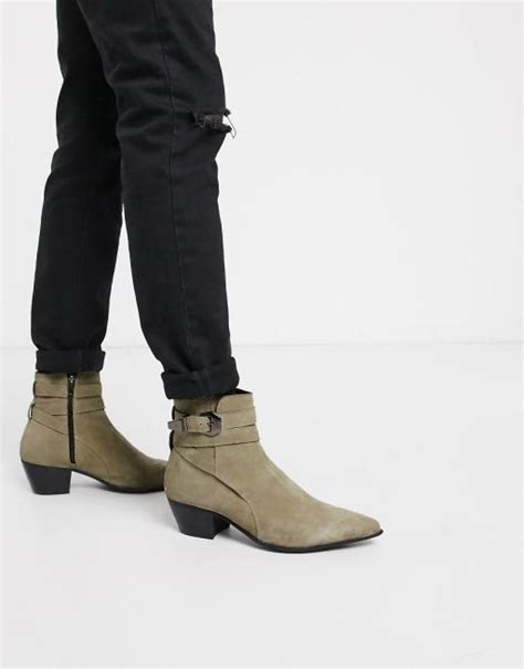 Asos Design Cuban Heel Western Chelsea Boots In Stone Suede Asos