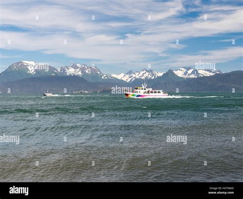 A Tour Boat Returns To Harbor Homer Spit Overlooking Kachemak Bay