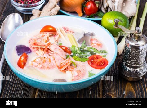 Delicious Hot Thai Soup Tom Yam With Coconut Milk And Shrimps Stock Photo Alamy