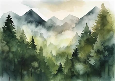 Premium Photo | A watercolor painting of a mountain landscape with a forest in the foreground.