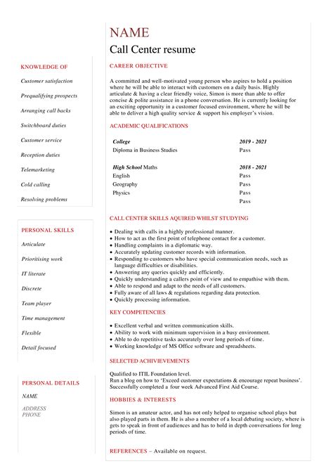 Call Center Resume Gratis