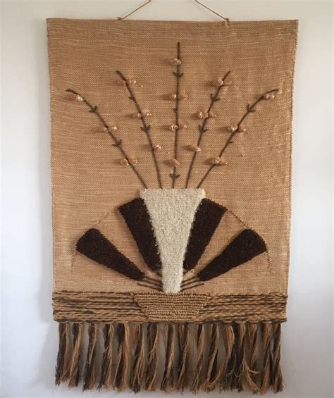 Vintage 1970s Burlap Wall Hanging With Knit Floral Arrangement Design