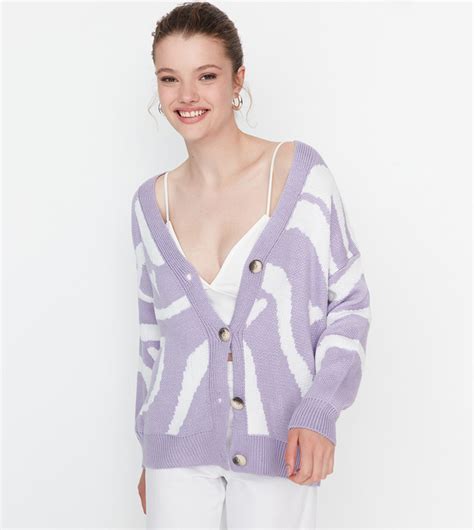 Buy Trendyol Heart Jacquard Long Knitwear Cardigan In Lilac 6thstreet Uae