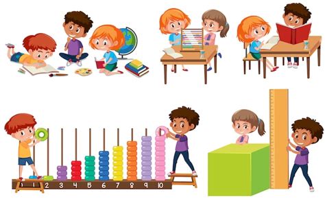 Conjunto De Niños Aprendiendo Matemáticas Vector Premium