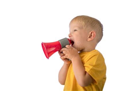 Cute Little Boy With Megaphone On White Background Stock Image Image