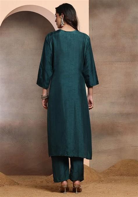 Buy Women Deep Green Sequin Zari Embellished Kurta Set With Pants And