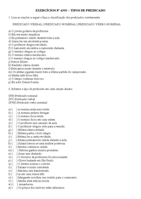 Exercícios 8º ANO - Tipos de Predicado e Classificação - Studocu