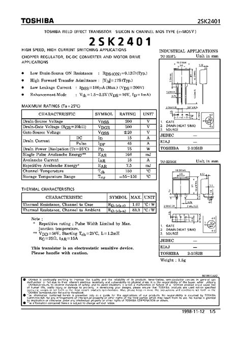 K2401 datasheet(1/5 Pages) TOSHIBA | N CHANNEL MOS TYPE (HIGH SPEED ...