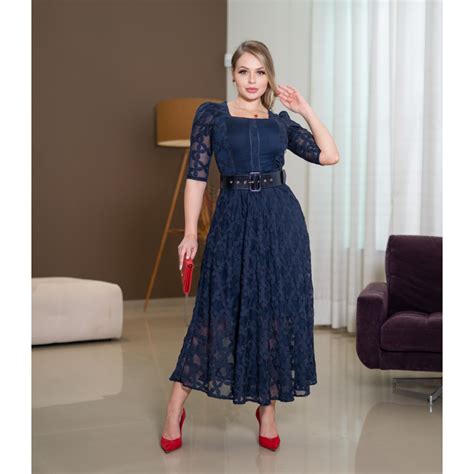 Vestido Em Renda Bordado Azul Marinho