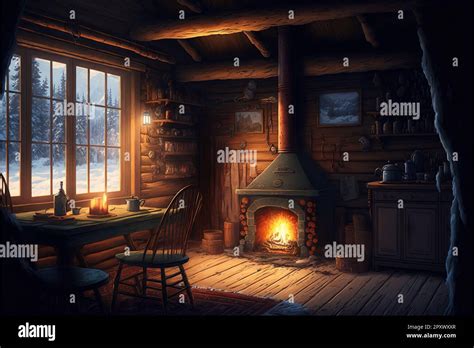 cabin interior, Winter, fireplace Stock Photo - Alamy