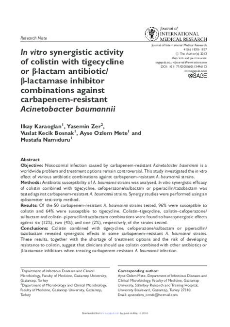 Pdf In Vitro Synergistic Activity Of Colistin With Tigecycline Or