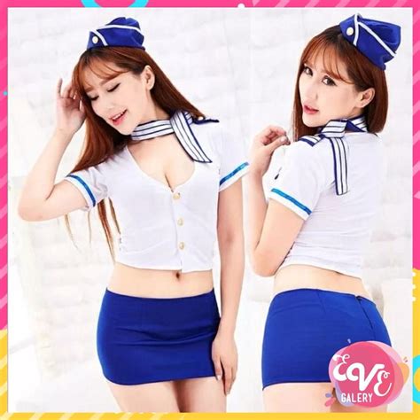 Jual MURAH Set Baju Lingerie Rok Topi Model Cosplay Pramugari Sexy