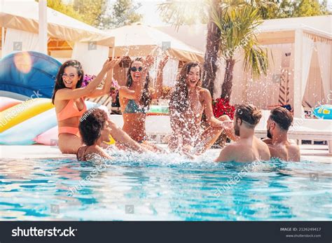 Group Friends Swimsuit Enjoy Swimming Pool Stock Photo 2126249417 ...