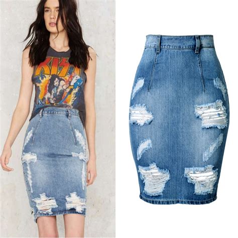 2018 Women Clothing High Waist Slim Split Denim Pencil Skirts Female